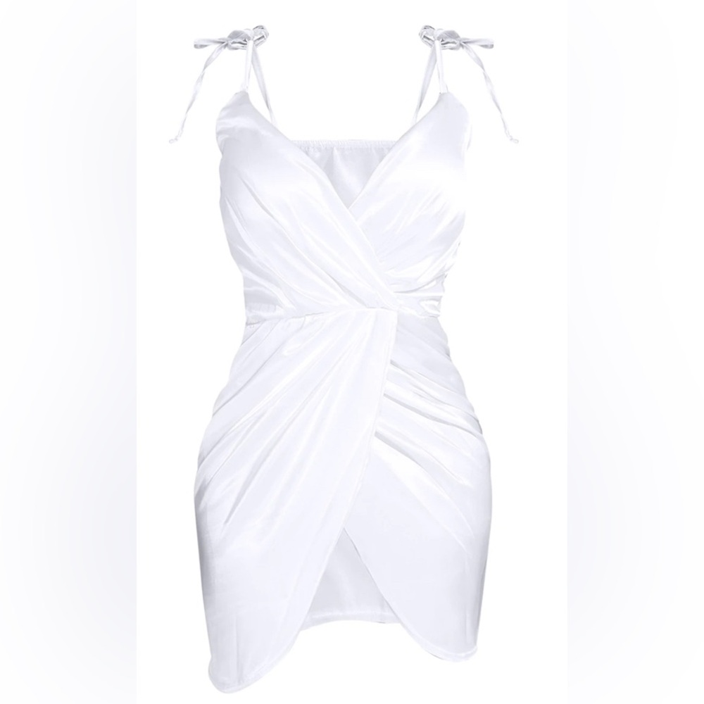 Pretty Little Thing White Satin Tie Shoulder Wrap Bodycon Dress size 10 NWT